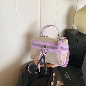 Vintage-Box-Tasche aus Canvas und fliederfarbenem Leder mit doppelten Reißverschlüssen