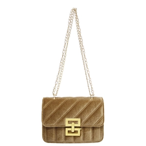 Elegant gold velvet crossbody bag with quilted texture and gold metal chain strap