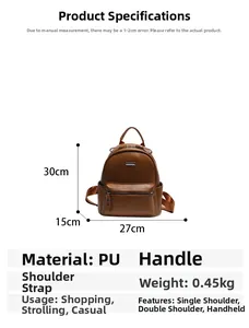 Detailed brown PU leather backpack dimensions 27x30x15cm and 0.45kg product weight