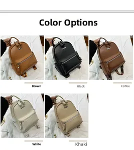 Color display of small faux leather backpacks in brown, black, coffee, white and khaki