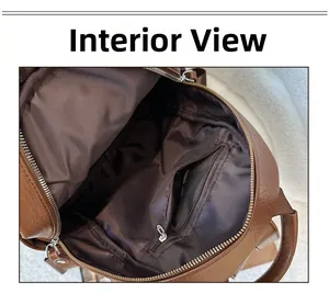 Internal display of the brown faux leather backpack featuring a spacious lined compartment