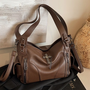 Women Retro Litchi Pattern PU Leather Shoulder Bag Large Capacity Tote Bag With Cross Pendant Gothic Punk Style Handbag For Daily Use