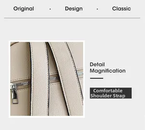 Detail view of beige faux leather backpack showing pebbled texture and comfy straps