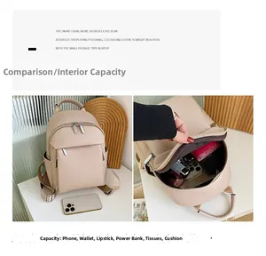 Interior storage capacity showing daily essentials in a beige soft leather backpack