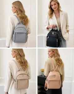 Detail view of mini PU leather backpacks in grey, black, beige, and pink color options