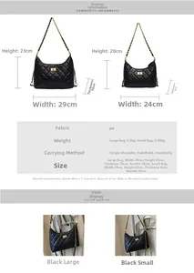 Size chart showing PU leather quilted tote bags with detailed measurements and weights