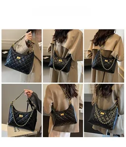 Multiple views showing various ways to wear the black quilted tote bag with chain strap