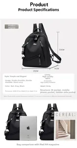 Detailed size chart of large capacity black nylon backpack with iPad reference