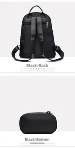 Detailed back and bottom view of women's black waterproof nylon backpack with straps