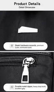 Detail of silver polished hardware and thick metal zipper on high-density black nylon backpack