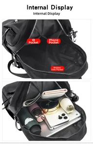 Internal view of large capacity black backpack showing laptop and organizer pockets