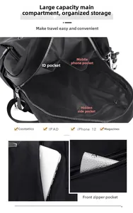 Detail view of large nylon backpack interior showing multi-compartment storage and pockets