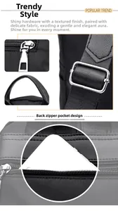 Detail of black nylon backpack featuring metal zippers and anti-theft back pocket