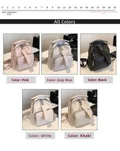 Detailed grid view showing five colors of leather mini backpacks with size measurement ruler