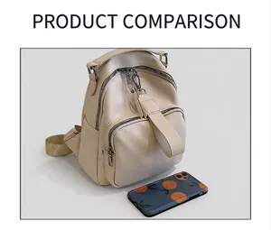 Detailed comparison of cream faux leather mini backpack next to a smartphone size reference