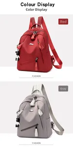 Vertical display showing the red and grey waterproof nylon backpacks with cute bear charm