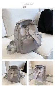 Detail shots of a greyish blue textured leather backpack with wide decorative zippers