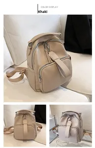 Detail view of khaki PU leather backpack showing multiple zippered compartments and texture