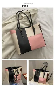 Detail view of large capacity patchwork PU tote bag with metal buckle straps in four colors
