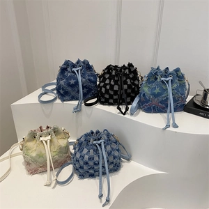 Sac Seau en Denim pour Femmes Étoile Carreaux Bord Effiloché Cordon Bandoulière Vintage Streetwear Sac à Main Décontracté
