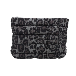 Quilted leopard print clutch bag with black zipper on white background for women