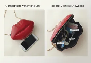 Lip-shaped red patent leather mini bag size comparison with phone and internal storage
