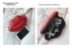 Lip-shaped red patent leather mini bag size comparison with phone and internal storage