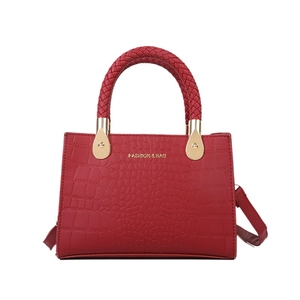 Fashion red crocodile texture handbag with unique woven handle and gold hardware detail