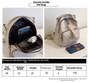 Size guide for white faux leather backpack showing dimensions and interior storage layout
