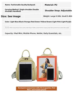 Size comparison of a soft leather backpack with a tablet, showing its compact capacity