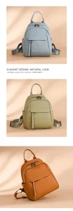 Detailed view of light blue, green, and orange pebble leather backpacks for women