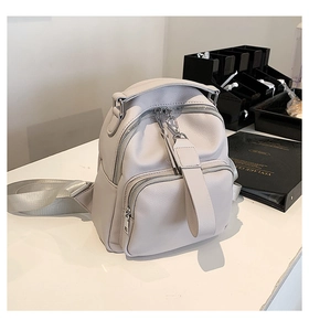 Detail of light grey PU leather backpack showing lychee texture and silver zippers