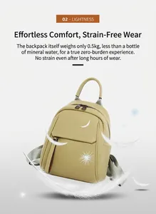Detail of light khaki soft leather backpack with tassel zip, weight only 0.5kg