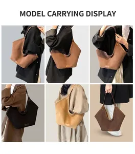 Collage of large capacity suede tote bags showing diverse carrying styles for daily use