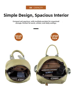 Interior compartments of green leather backpack showing small and large size capacity