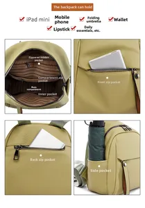 Detailed view of women's soft leather backpack showing internal pockets and large capacity