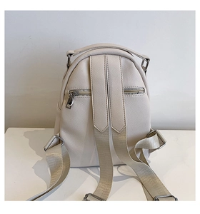 Detail view of the beige PU leather backpack back with a metal zipper pocket