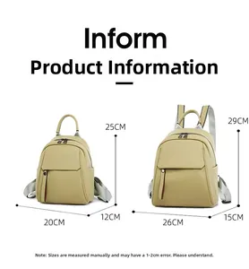 Size comparison chart for avocado green leather backpacks in small and large versions