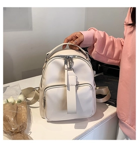 Detail of white litchi pattern leather mini backpack with multi-layer zipper pockets