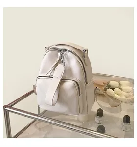 Detailed view of a white lychee grain PU leather backpack with silver zippers and front pocket