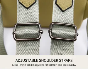 Detail of adjustable backpack straps with dark gunmetal hardware on soft yellow leather