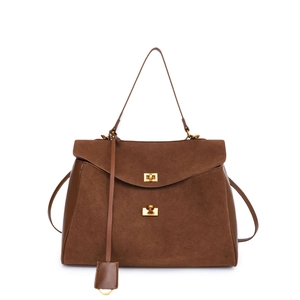 Sac à main vintage en daim marron foncé et cuir avec fermoir doré pour femme