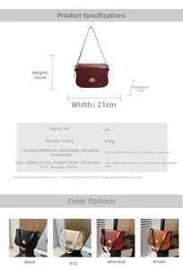 Detailed size specifications and material chart for the chic PU leather square handbag