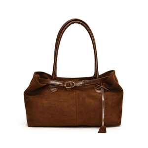 Deep brown matte tote bag with polished leather handles and gold buckle detail