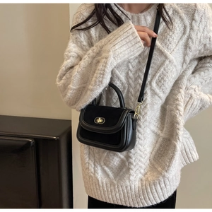 Detail of a black matte textured crossbody bag with gold twist lock on a white sweater