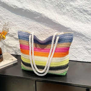 Sac fourre-tout tissé à rayures colorées avec poignées en coton pour plage et été