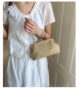 Détail d'un sac coquillage tressé vintage avec chaîne dorée et poignée en métal courbé