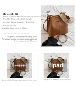 Détails du sac seau marron en cuir PU avec bandoulière jacquard et guide des tailles