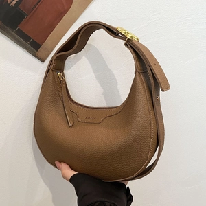 Women Fashion Litchi Pattern PU Leather Underarm Bag Minimalist Crescent Hobo Shoulder Bag With Golden Zipper Half Moon Bag