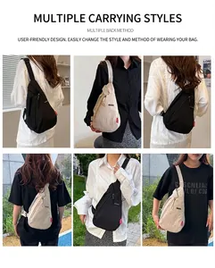 Sac de poitrine croisé polyvalent en nylon montrant divers styles de portage en noir et beige